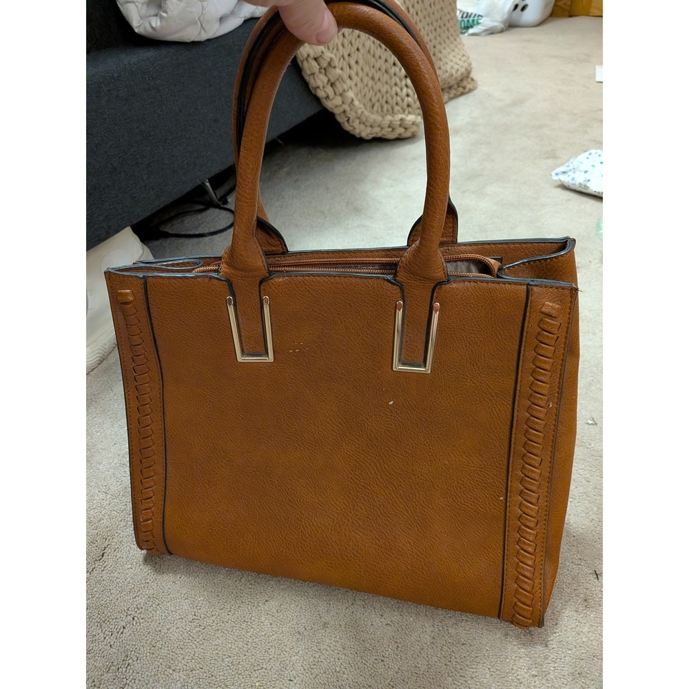 Dasein Brown Vegan Leather Satchel Tote Bag Whipstitch Gold Hardware Crossbody